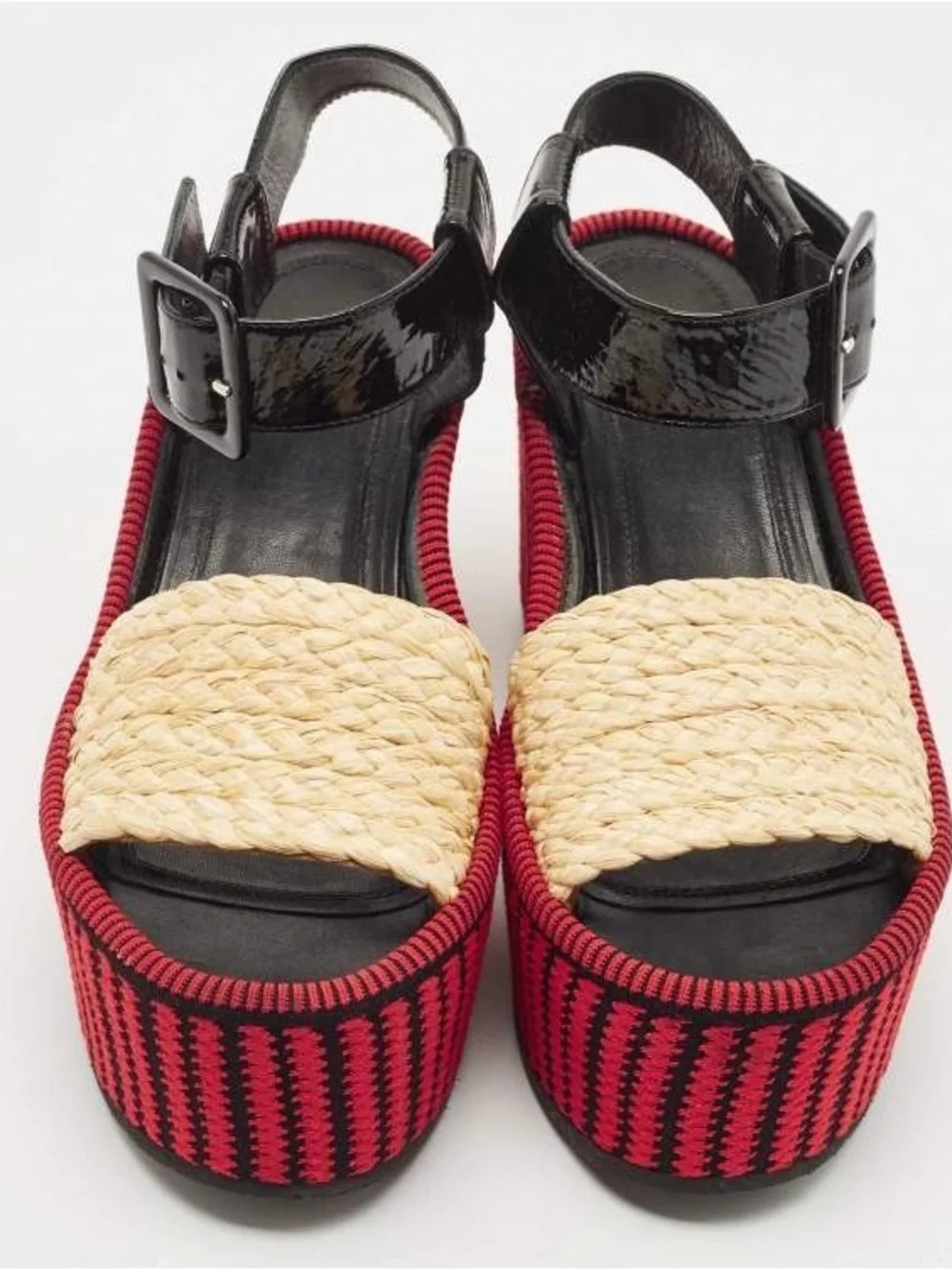 New Celine Red Woven Platform Sandals with Black Patent Ankle Strap 36/6